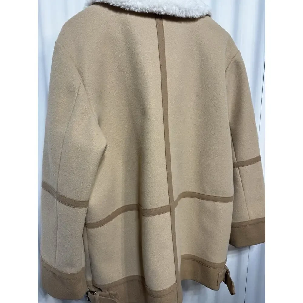 Bagatelle SZ L Penny Lane Style Coat Faux Fur Collar Buckle Zipper Lined Vegan